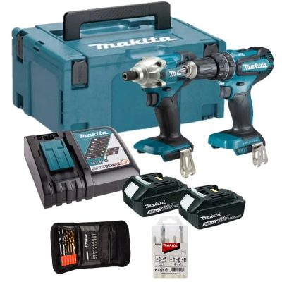 Combo Taladro Percutor + Atornillador de Impacto 18V Makita con Maletín y 22 Accesorios