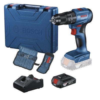 Taladro Percutor Inalambrico Bosch GSB 185-LI 18V Brushless con Bateria, Cargador y Set de 23 Piezas