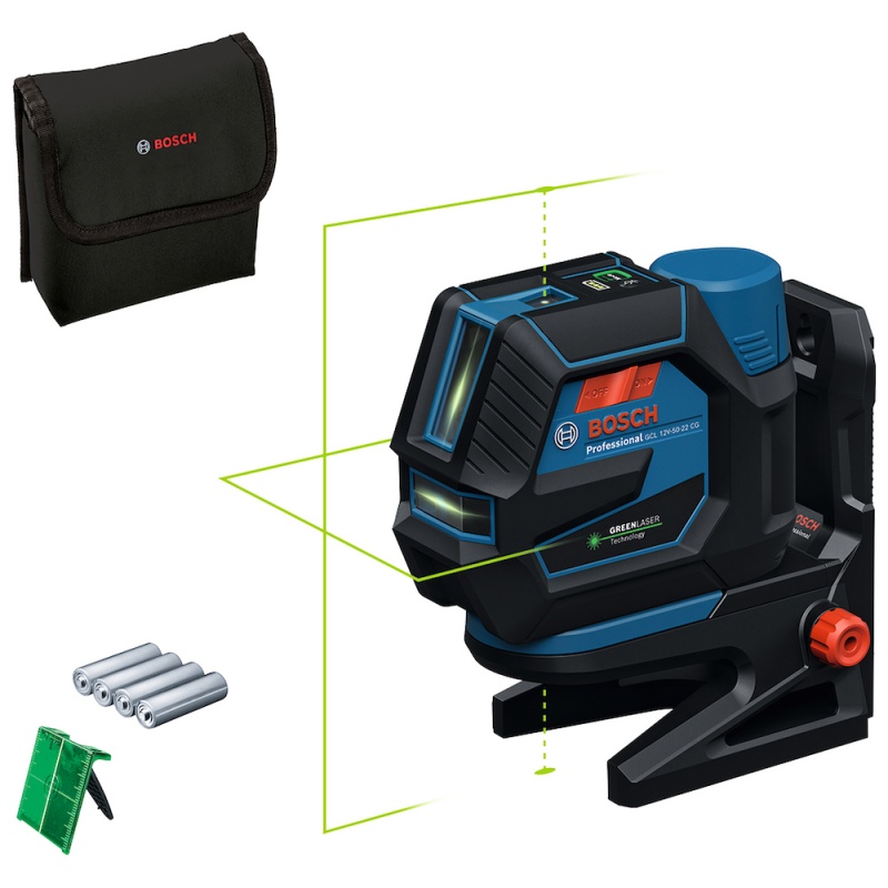 Nivel láser combinado Bosch GCL 12V-50-22 CG de líneas verdes, 12V y alcance de 50 m con receptor