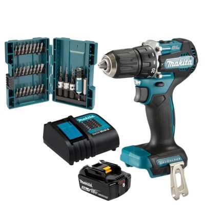 Combo Taladro Percutor 1/2" 18V LXT Brushless Makita DHP487SF con Batería, Cargador y Set de 29 Puntas