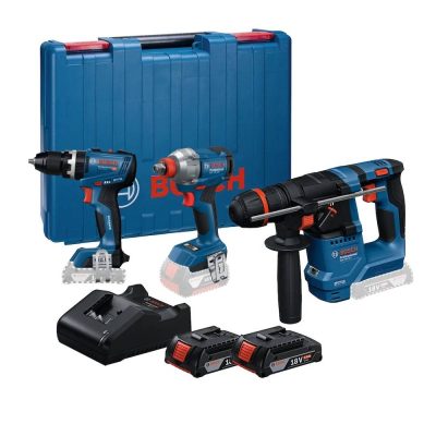 Combo Bosch 18 V de 3 Herramientas Rotomartillo GBH 18V-18X, Atornillador de Impacto GDX 18V-285 y Taladro Percutor GSB 18V-65