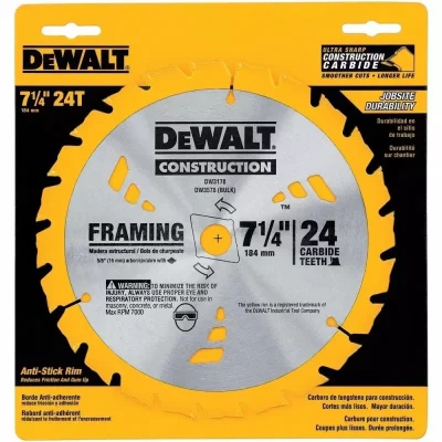 Disco de sierra circular DeWalt DW3178 7-1/4" 24 dientes de carburo para corte rapido en madera