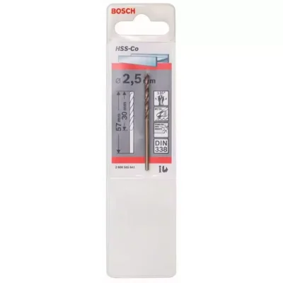 Broca para Metal Bosch HSS-Co 2,5 mm · cobalto 5%, 57 mm de largo