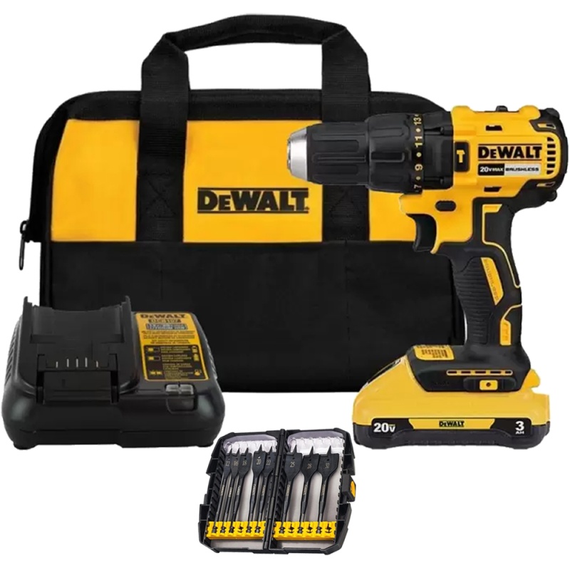 Combo DeWalt DCD7781L1-K15: taladro percutor 1/2" 20V brushless con bateria 3.0 Ah y 8 brocas paleta