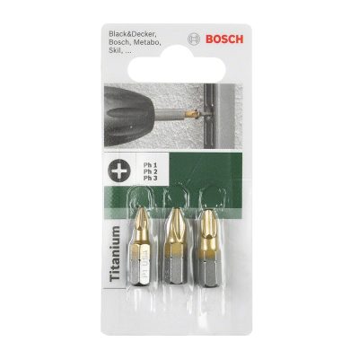 Juego de Puntas Phillips Bosch PH1, PH2 y PH3 de 25 mm Recubiertas de Titanio