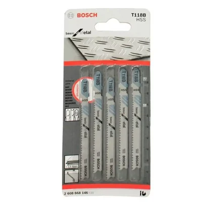 Hojas de Sierra Caladora Bosch T118B HSS para Metal — Dentado Fino, Blíster x 5