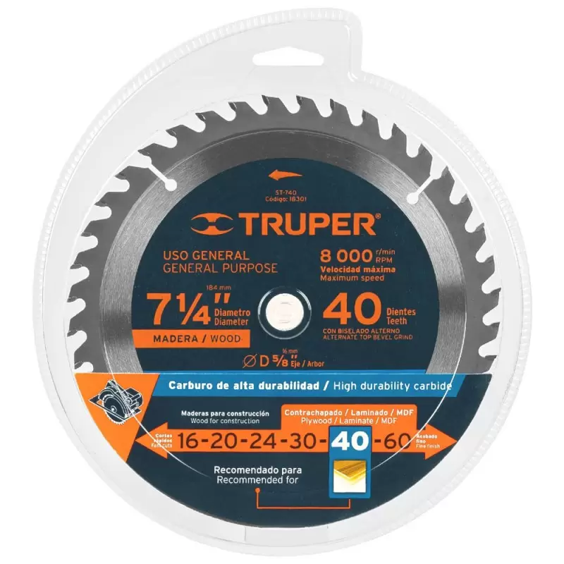 Disco de Sierra Circular 7 1/4" 40 Dientes Truper 18301