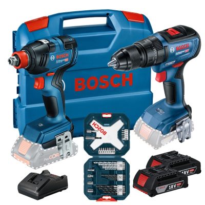 Combo Bosch Taladro Percutor 18V + Llave de Impacto 18V Brushless con Set 34 Piezas