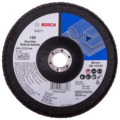 Disco flap de óxido de aluminio Bosch 2608.619.913-000 de 7" grano 120 para acabado en metal