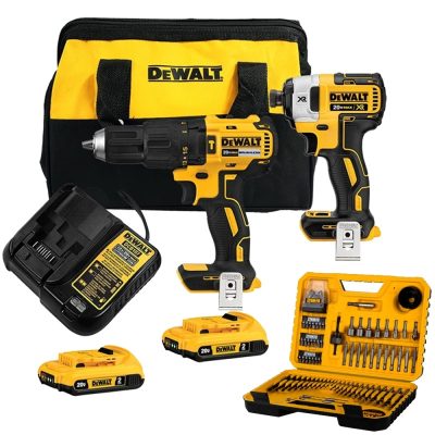 Combo inalambrico DeWalt DCK223D2-K17 20V brushless: taladro percutor 1/2", atornillador de impacto 1/4" y set de 100 piezas