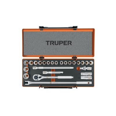 Juego de 25 herramientas cuadro 1/2" std y mm para mecánico, TRUPER