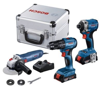 Kit Bosch 3 herramientas: taladro percutor GSB 185-LI, atornillador de impacto GDR 18V-215 y amoladora GWS 700 con 2 baterias