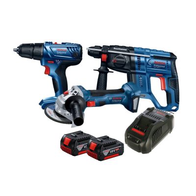Combo Inalámbrico 18V Bosch GWS 180 + GBH 180 + GSR 180 con 2 Baterías y Cargador
