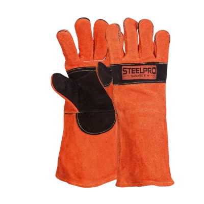 Guante de Cuero Soldador Descarne Naranja con Refuerzo Negro 15" Steelpro (300850670008)