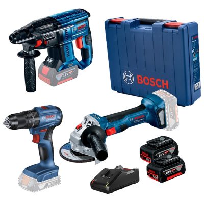 Combo 18V Bosch Amoladora 5" + Rotomartillo SDS-Plus + Taladro Perc 1/2" Brushless