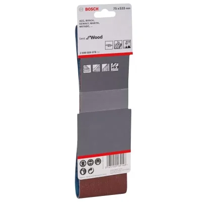 Lijas de banda Bosch Best for Wood 3" x 21" surtido granos 60, 80 y 100, pack de 3