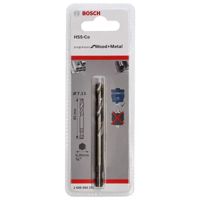 Broca Piloto Bosch HSS-Co 7,15 x 85 mm · vástago hexagonal 1/4" para sierra copa Power Change