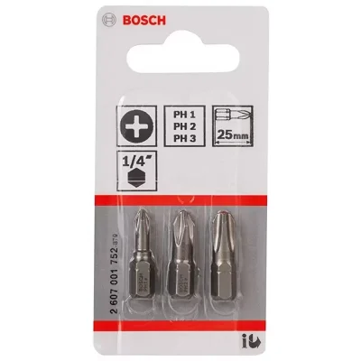 Set de 3 Puntas de Atornillar Bosch Phillips PH1, PH2 y PH3 de 25 mm con Vástago 1/4"