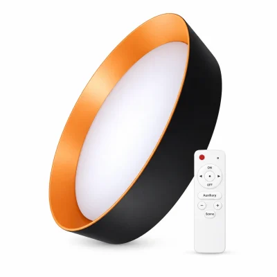 Plafón LED redondo de techo 72W negro con borde de madera NUVORA