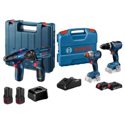 Combo Bosch 4 Herramientas 18V y 12V: Taladro GSB 18V-65, Atornillador GDX 18V-285, GDR 120-LI y GSR 120-LI