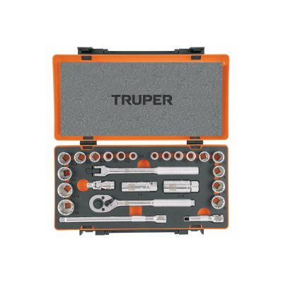 Juego de 25 herramientas cuadro 3/8" std y mm para mecánico, TRUPER