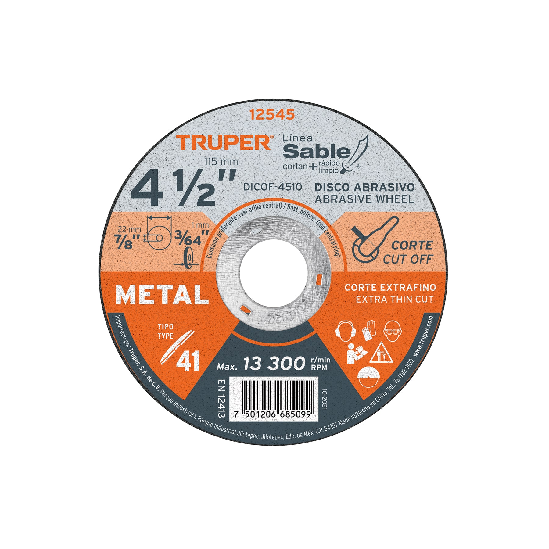 Disco de corte para metal 4-1/2" x 1 mm TRUPER 12545